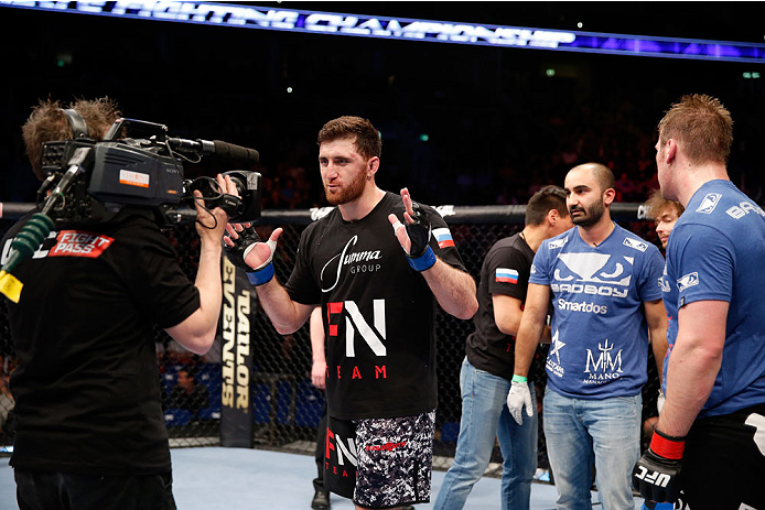 BERLIN, GERMANY - MAY 31: Ruslan Magomedov celebrates after winning the Ruslan Magomedov vs. Viktor Pesta at UFC Fight Night Berlin event at O2 World on May 31, 2014 in Berlin, Germany. (Photo by Boris Streubel/Zuffa LLC/Zuffa LLC via Getty Images)