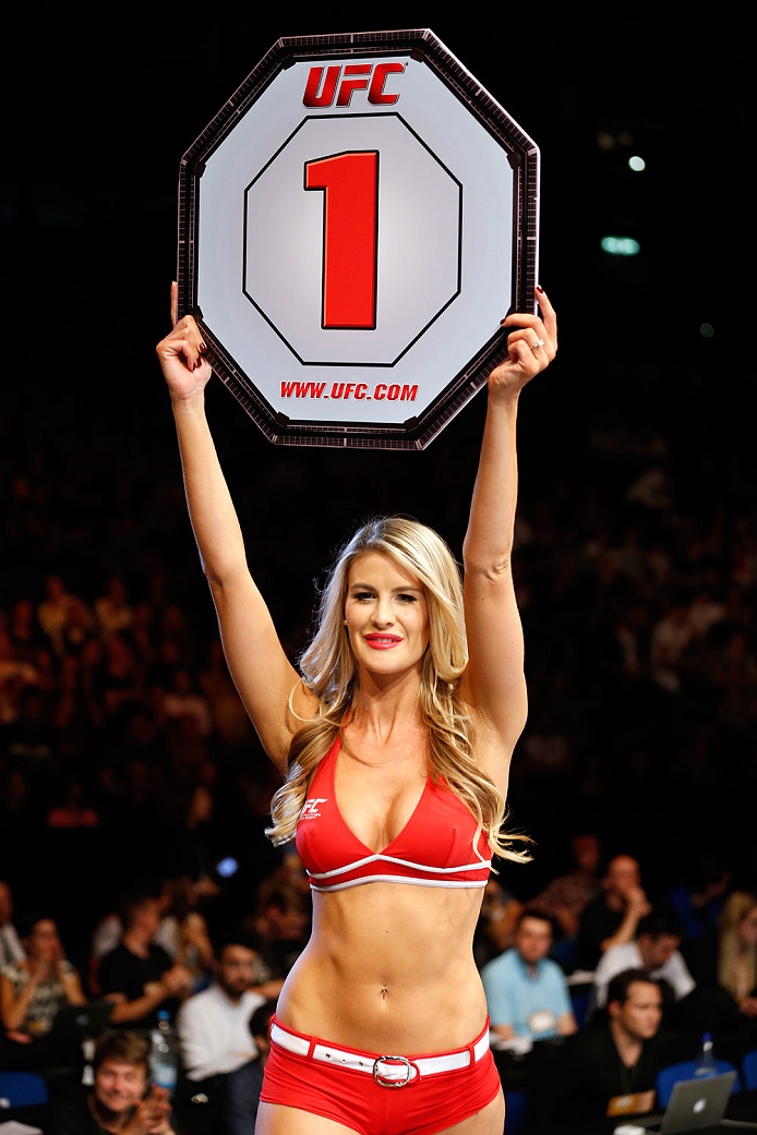 BERLIN, GERMANY - MAY 31: Octagon Girl Kristie McKeon poses during the Maximo Blanco vs. Andy Ogle at UFC Fight Night Berlin event at O2 World on May 31, 2014 in Berlin, Germany. (Photo by Boris Streubel/Zuffa LLC/Zuffa LLC via Getty Images)
