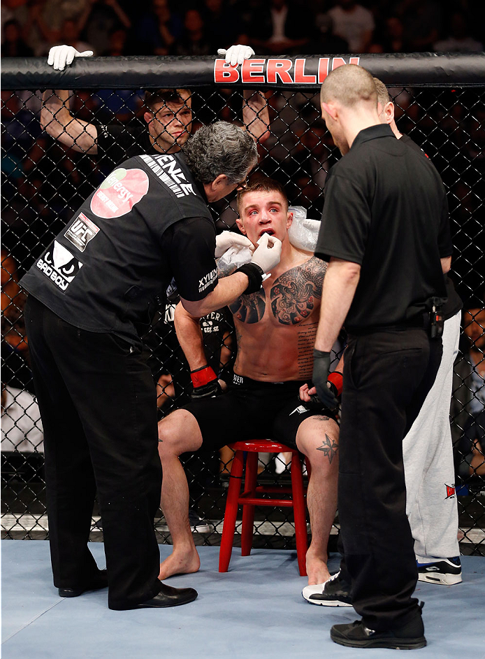 BERLIN, GERMANY - MAY 31: Andy Ogle takes a break during the Maximo Blanco vs. Andy Ogle at UFC Fight Night Berlin event at O2 World on May 31, 2014 in Berlin, Germany. (Photo by Boris Streubel/Zuffa LLC/Zuffa LLC via Getty Images)