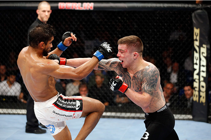 BERLIN, GERMANY - MAY 31: Maximo Blanco (L) fights Andy Ogle during the Maximo Blanco vs. Andy Ogle at UFC Fight Night Berlin event at O2 World on May 31, 2014 in Berlin, Germany. (Photo by Boris Streubel/Zuffa LLC/Zuffa LLC via Getty Images)