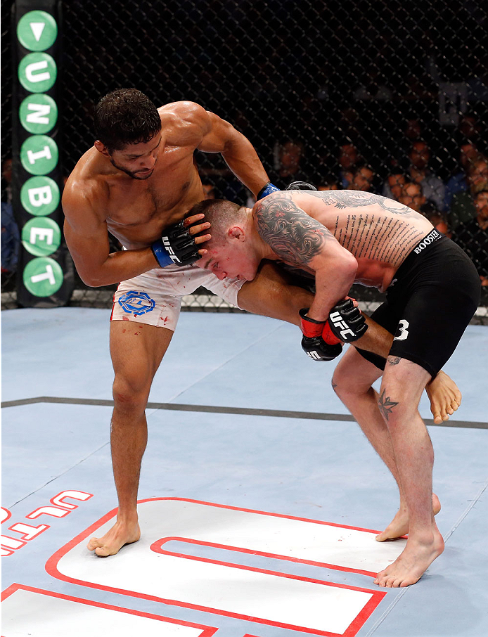 BERLIN, GERMANY - MAY 31: Maximo Blanco (L) fights Andy Ogle during the Maximo Blanco vs. Andy Ogle at UFC Fight Night Berlin event at O2 World on May 31, 2014 in Berlin, Germany. (Photo by Boris Streubel/Zuffa LLC/Zuffa LLC via Getty Images)