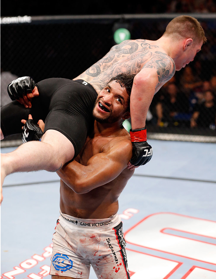 BERLIN, GERMANY - MAY 31: Maximo Blanco (L) fights Andy Ogle during the Maximo Blanco vs. Andy Ogle at UFC Fight Night Berlin event at O2 World on May 31, 2014 in Berlin, Germany. (Photo by Boris Streubel/Zuffa LLC/Zuffa LLC via Getty Images)