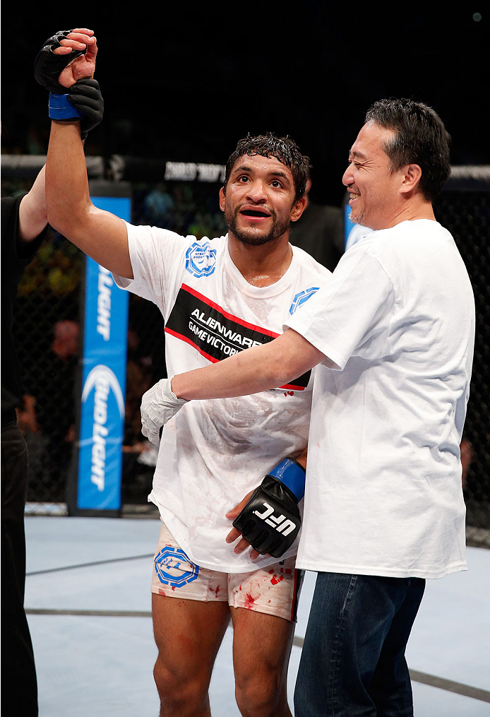 BERLIN, GERMANY - MAY 31: Maximo Blanco celebrates after winning the Maximo Blanco vs. Andy Ogle at UFC Fight Night Berlin event at O2 World on May 31, 2014 in Berlin, Germany. (Photo by Boris Streubel/Zuffa LLC/Zuffa LLC via Getty Images)
