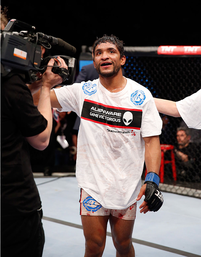 BERLIN, GERMANY - MAY 31: Maximo Blanco celebrates after winning the Maximo Blanco vs. Andy Ogle at UFC Fight Night Berlin event at O2 World on May 31, 2014 in Berlin, Germany. (Photo by Boris Streubel/Zuffa LLC/Zuffa LLC via Getty Images)