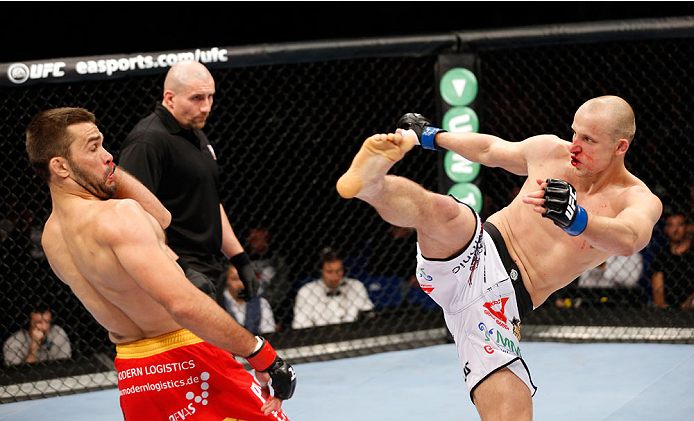 BERLIN, GERMANY - MAY 31: Pawel Pawlak (R) fights Peter Sobotta during the Pawel Pawlak vs. Peter Sobotta at UFC Fight Night Berlin event at O2 World on May 31, 2014 in Berlin, Germany. (Photo by Boris Streubel/Zuffa LLC/Zuffa LLC via Getty Images)
