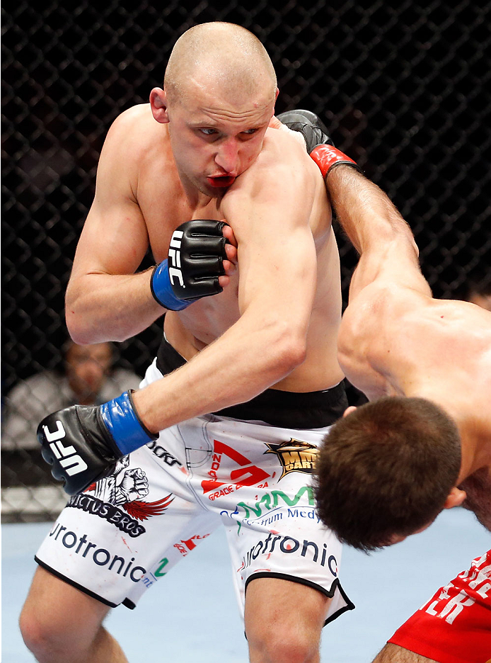 BERLIN, GERMANY - MAY 31: Pawel Pawlak (L) fights Peter Sobotta during the Pawel Pawlak vs. Peter Sobotta at UFC Fight Night Berlin event at O2 World on May 31, 2014 in Berlin, Germany. (Photo by Boris Streubel/Zuffa LLC/Zuffa LLC via Getty Images)