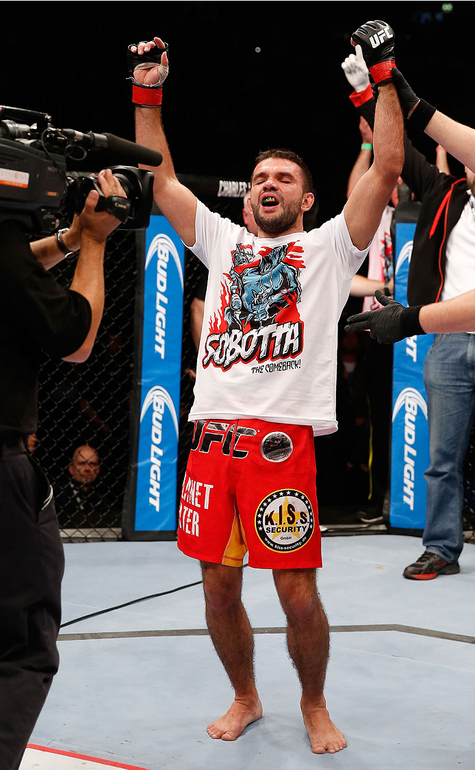 BERLIN, GERMANY - MAY 31: Peter Sobotta celebrates after winning the the Pawel Pawlak vs. Peter Sobotta at UFC Fight Night Berlin event at O2 World on May 31, 2014 in Berlin, Germany. (Photo by Boris Streubel/Zuffa LLC/Zuffa LLC via Getty Images)