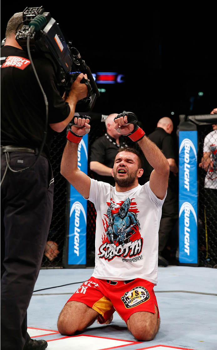 BERLIN, GERMANY - MAY 31: Peter Sobotta celebrates after winning the the Pawel Pawlak vs. Peter Sobotta at UFC Fight Night Berlin event at O2 World on May 31, 2014 in Berlin, Germany. (Photo by Boris Streubel/Zuffa LLC/Zuffa LLC via Getty Images)
