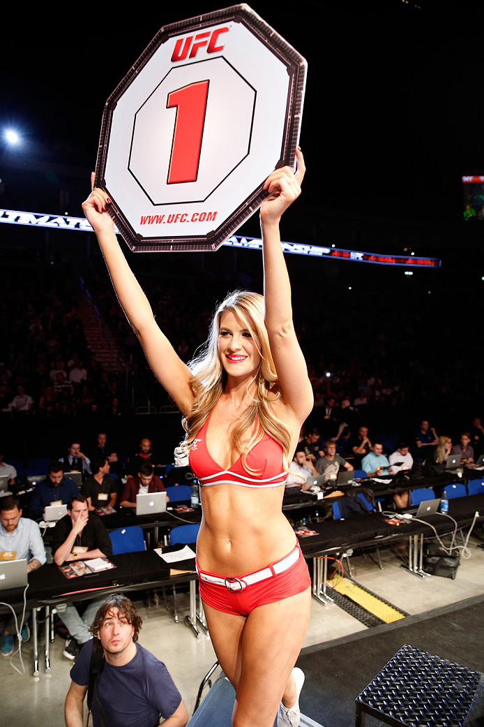 BERLIN, GERMANY - MAY 31: Octagon Girl Kristie McKeon poses during the Maximo Blanco vs. Andy Ogle at UFC Fight Night Berlin event at O2 World on May 31, 2014 in Berlin, Germany. (Photo by Boris Streubel/Zuffa LLC/Zuffa LLC via Getty Images)