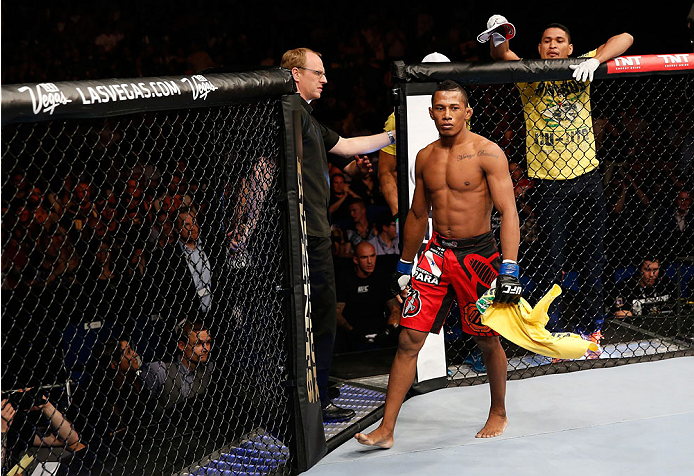 BERLIN, GERMANY - MAY 31: Iuri Alcantara enters the ring for the Iuri Alcantara vs. Vaughan Lee at UFC Fight Night Berlin event at O2 World on May 31, 2014 in Berlin, Germany. (Photo by Boris Streubel/Zuffa LLC/Zuffa LLC via Getty Images)