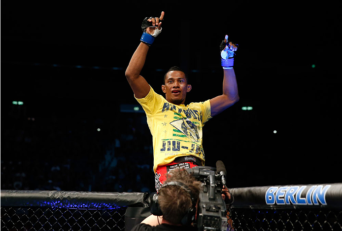 BERLIN, GERMANY - MAY 31: Iuri Alcantara celebrates after winning the Iuri Alcantara vs. Vaughan Lee at UFC Fight Night Berlin event at O2 World on May 31, 2014 in Berlin, Germany. (Photo by Boris Streubel/Zuffa LLC/Zuffa LLC via Getty Images)