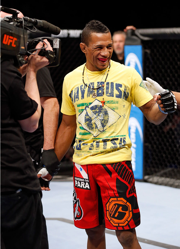 BERLIN, GERMANY - MAY 31: Iuri Alcantara celebrates after winning the Iuri Alcantara vs. Vaughan Lee at UFC Fight Night Berlin event at O2 World on May 31, 2014 in Berlin, Germany. (Photo by Boris Streubel/Zuffa LLC/Zuffa LLC via Getty Images)