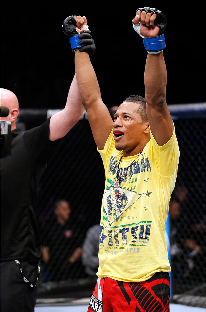 BERLIN, GERMANY - MAY 31: Iuri Alcantara celebrates after winning the Iuri Alcantara vs. Vaughan Lee at UFC Fight Night Berlin event at O2 World on May 31, 2014 in Berlin, Germany. (Photo by Boris Streubel/Zuffa LLC/Zuffa LLC via Getty Images)