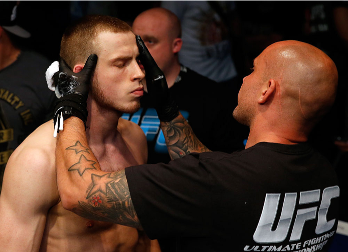 BERLIN, GERMANY - MAY 31: Krzysztof Jotko (L) prepares to fight during the Krzysztof Jotko vs. Magnus Cedenblad at UFC Fight Night Berlin event at O2 World on May 31, 2014 in Berlin, Germany. (Photo by Boris Streubel/Zuffa LLC/Zuffa LLC via Getty Images)