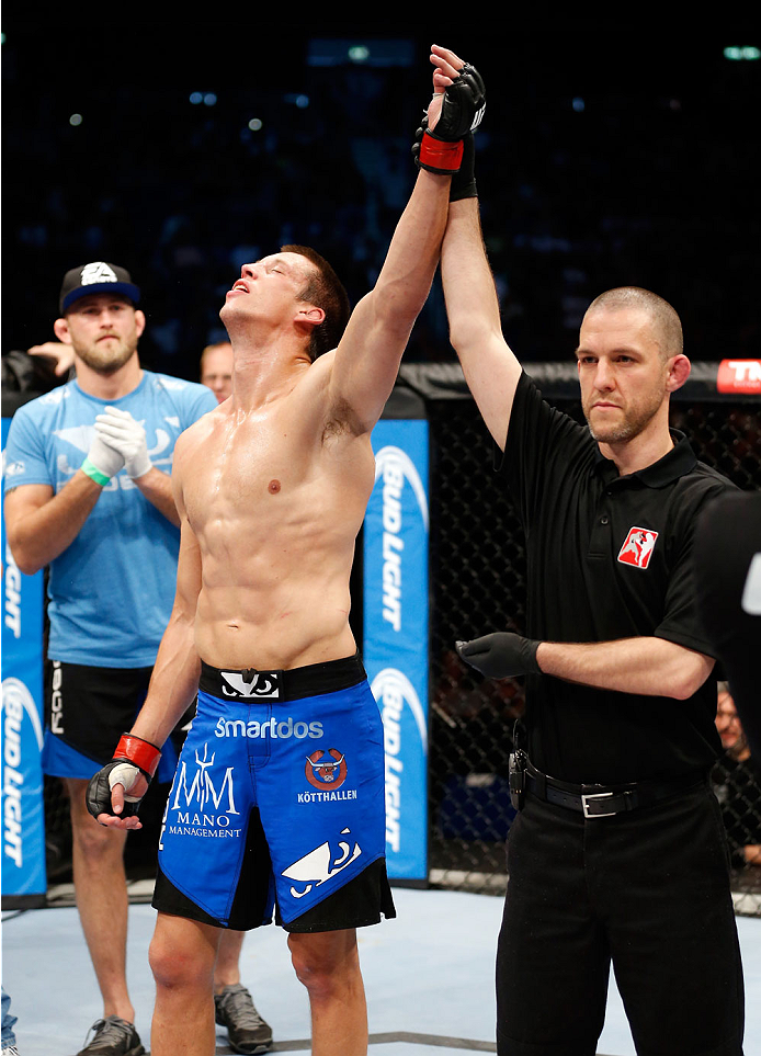 BERLIN, GERMANY - MAY 31: Magnus Cedenblad celebrates after winning the Krzysztof Jotko vs. Magnus Cedenblad at UFC Fight Night Berlin event at O2 World on May 31, 2014 in Berlin, Germany. (Photo by Boris Streubel/Zuffa LLC/Zuffa LLC via Getty Images)