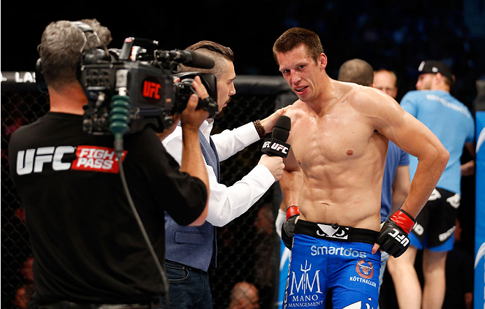 BERLIN, GERMANY - MAY 31: Magnus Cedenblad celebrates after winning the Krzysztof Jotko vs. Magnus Cedenblad at UFC Fight Night Berlin event at O2 World on May 31, 2014 in Berlin, Germany. (Photo by Boris Streubel/Zuffa LLC/Zuffa LLC via Getty Images)