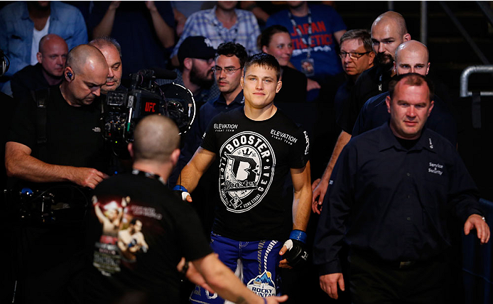 BERLIN, GERMANY - MAY 31: Drew Dober enters the octagon during the Drew Dober vs. Nick Hein at UFC Fight Night Berlin event at O2 World on May 31, 2014 in Berlin, Germany. (Photo by Boris Streubel/Zuffa LLC/Zuffa LLC via Getty Images)