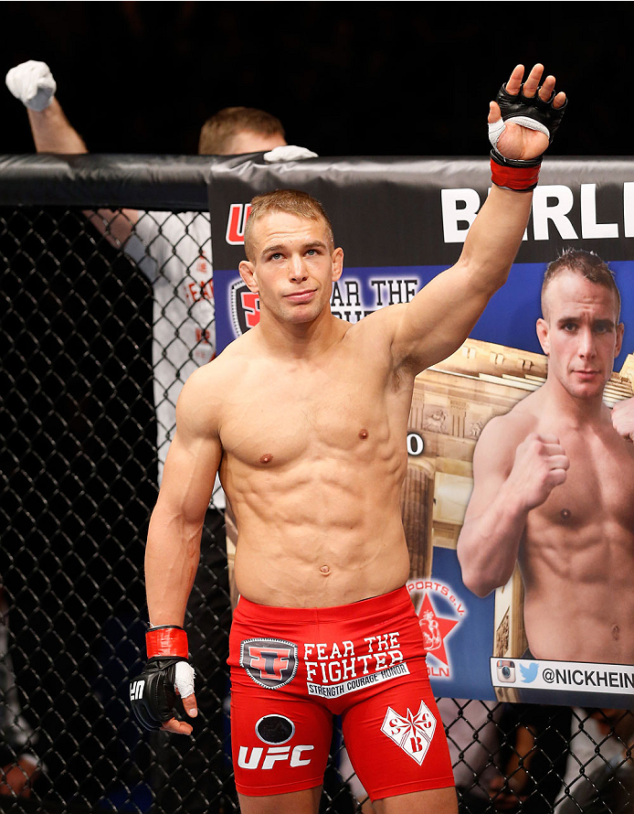 BERLIN, GERMANY - MAY 31: Nick Hein enters the octagon for the Drew Dober vs. Nick Hein at UFC Fight Night Berlin event at O2 World on May 31, 2014 in Berlin, Germany. (Photo by Boris Streubel/Zuffa LLC/Zuffa LLC via Getty Images)
