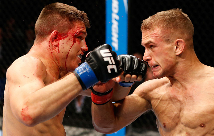 BERLIN, GERMANY - MAY 31: Drew Dober (L) fights Nick Hein during the Drew Dober vs. Nick Hein at UFC Fight Night Berlin event at O2 World on May 31, 2014 in Berlin, Germany. (Photo by Boris Streubel/Zuffa LLC/Zuffa LLC via Getty Images)