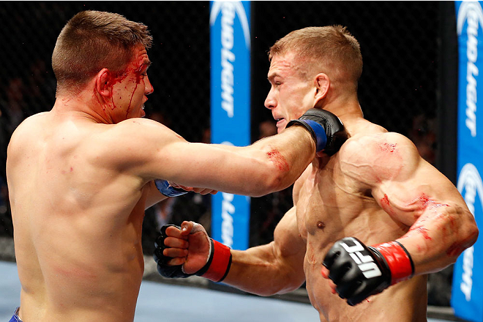 BERLIN, GERMANY - MAY 31: Drew Dober (L) fights Nick Hein during the Drew Dober vs. Nick Hein at UFC Fight Night Berlin event at O2 World on May 31, 2014 in Berlin, Germany. (Photo by Boris Streubel/Zuffa LLC/Zuffa LLC via Getty Images)