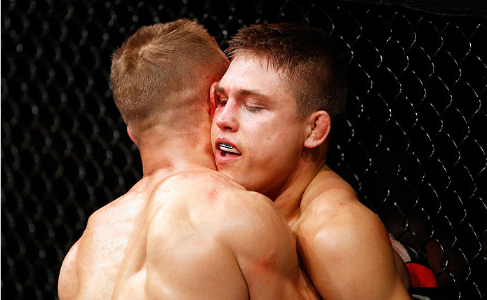 BERLIN, GERMANY - MAY 31: Drew Dober (R) fights Nick Hein during the Drew Dober vs. Nick Hein at UFC Fight Night Berlin event at O2 World on May 31, 2014 in Berlin, Germany. (Photo by Boris Streubel/Zuffa LLC/Zuffa LLC via Getty Images)