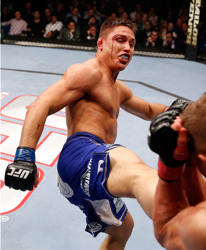 BERLIN, GERMANY - MAY 31: Drew Dober (L) fights Nick Hein during the Drew Dober vs. Nick Hein at UFC Fight Night Berlin event at O2 World on May 31, 2014 in Berlin, Germany. (Photo by Boris Streubel/Zuffa LLC/Zuffa LLC via Getty Images)