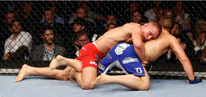 BERLIN, GERMANY - MAY 31: Drew Dober (R) fights Nick Hein during the Drew Dober vs. Nick Hein at UFC Fight Night Berlin event at O2 World on May 31, 2014 in Berlin, Germany. (Photo by Boris Streubel/Zuffa LLC/Zuffa LLC via Getty Images)
