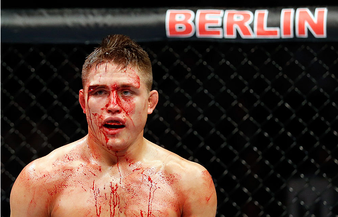 BERLIN, GERMANY - MAY 31: Drew Dober stands in the octagon during the Drew Dober vs. Nick Hein at UFC Fight Night Berlin event at O2 World on May 31, 2014 in Berlin, Germany. (Photo by Boris Streubel/Zuffa LLC/Zuffa LLC via Getty Images)