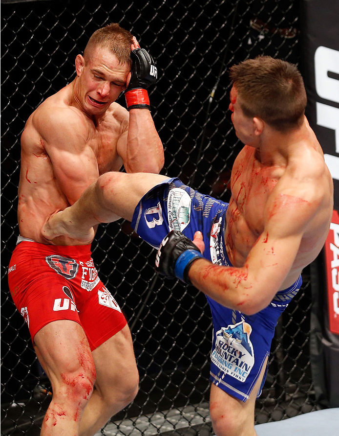 BERLIN, GERMANY - MAY 31: Drew Dober (R) fights Nick Hein during the Drew Dober vs. Nick Hein at UFC Fight Night Berlin event at O2 World on May 31, 2014 in Berlin, Germany. (Photo by Boris Streubel/Zuffa LLC/Zuffa LLC via Getty Images)