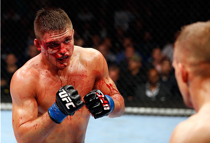 BERLIN, GERMANY - MAY 31: Drew Dober (L) fights Nick Hein during the Drew Dober vs. Nick Hein at UFC Fight Night Berlin event at O2 World on May 31, 2014 in Berlin, Germany. (Photo by Boris Streubel/Zuffa LLC/Zuffa LLC via Getty Images)