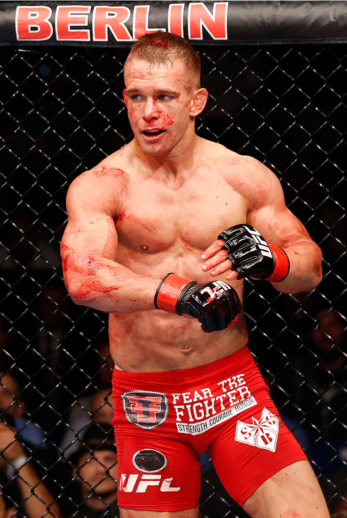 BERLIN, GERMANY - MAY 31: Nick Hein stands in the octagon during the Drew Dober vs. Nick Hein at UFC Fight Night Berlin event at O2 World on May 31, 2014 in Berlin, Germany. (Photo by Boris Streubel/Zuffa LLC/Zuffa LLC via Getty Images)