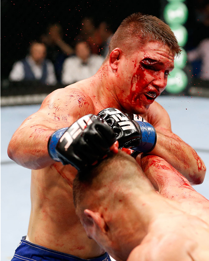 BERLIN, GERMANY - MAY 31: Drew Dober (L) fights Nick Hein during the Drew Dober vs. Nick Hein at UFC Fight Night Berlin event at O2 World on May 31, 2014 in Berlin, Germany. (Photo by Boris Streubel/Zuffa LLC/Zuffa LLC via Getty Images)