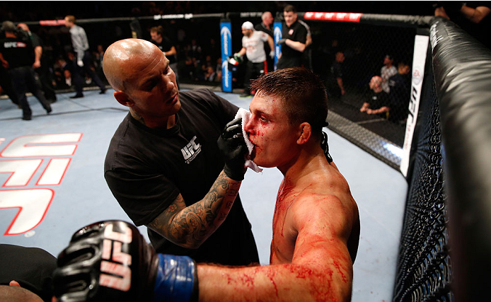 BERLIN, GERMANY - MAY 31: Drew Dober takes a break during the Drew Dober vs. Nick Hein at UFC Fight Night Berlin event at O2 World on May 31, 2014 in Berlin, Germany. (Photo by Boris Streubel/Zuffa LLC/Zuffa LLC via Getty Images)