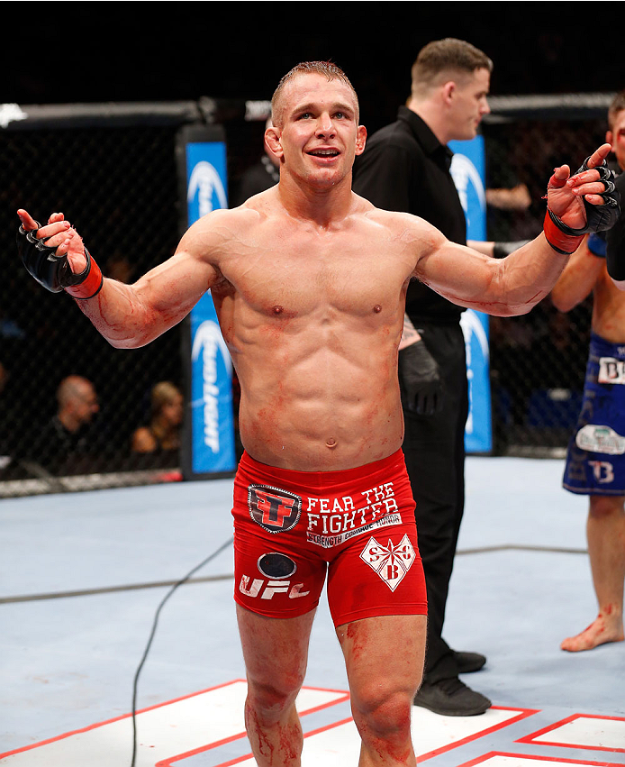 BERLIN, GERMANY - MAY 31: Nick Hein celebrates after winning the Drew Dober vs. Nick Hein at UFC Fight Night Berlin event at O2 World on May 31, 2014 in Berlin, Germany. (Photo by Boris Streubel/Zuffa LLC/Zuffa LLC via Getty Images)