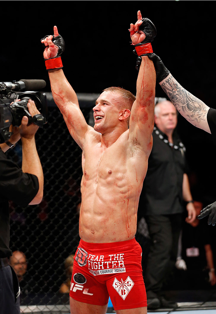 BERLIN, GERMANY - MAY 31: Nick Hein celebrates after winning the Drew Dober vs. Nick Hein at UFC Fight Night Berlin event at O2 World on May 31, 2014 in Berlin, Germany. (Photo by Boris Streubel/Zuffa LLC/Zuffa LLC via Getty Images)