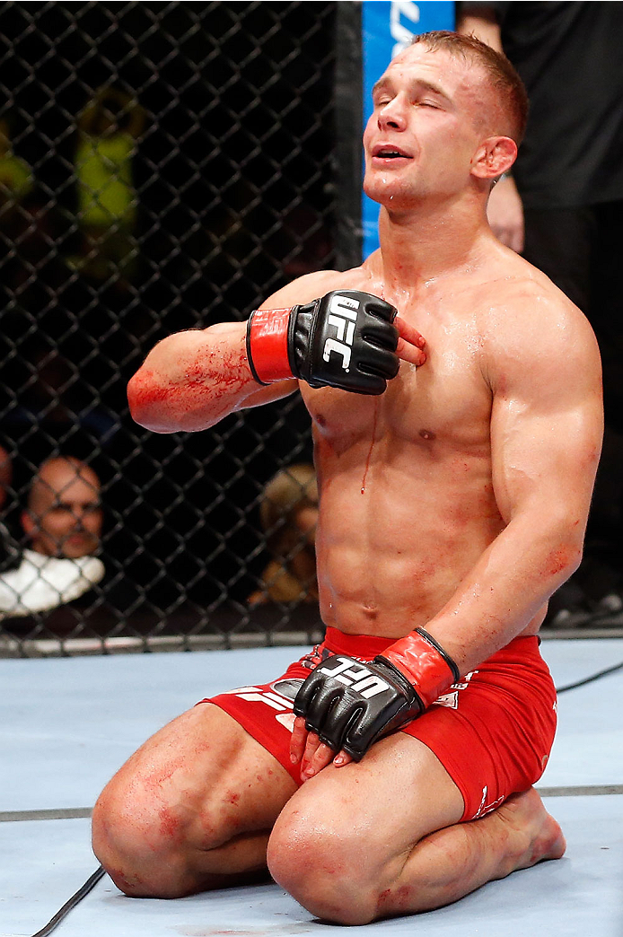 BERLIN, GERMANY - MAY 31: Nick Hein celebrates after winning the Drew Dober vs. Nick Hein at UFC Fight Night Berlin event at O2 World on May 31, 2014 in Berlin, Germany. (Photo by Boris Streubel/Zuffa LLC/Zuffa LLC via Getty Images)