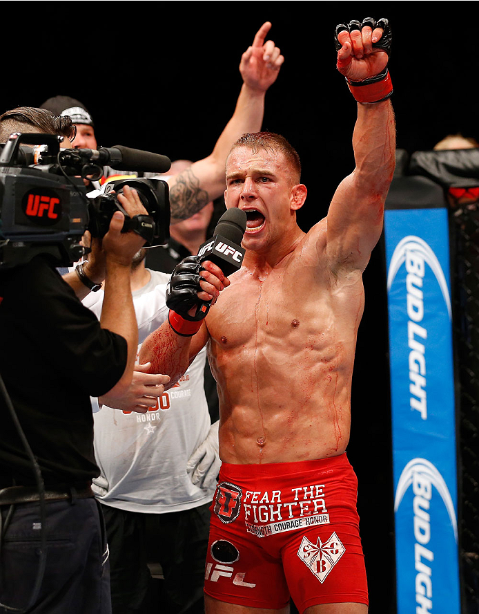 BERLIN, GERMANY - MAY 31: Nick Hein celebrates after winning the Drew Dober vs. Nick Hein at UFC Fight Night Berlin event at O2 World on May 31, 2014 in Berlin, Germany. (Photo by Boris Streubel/Zuffa LLC/Zuffa LLC via Getty Images)