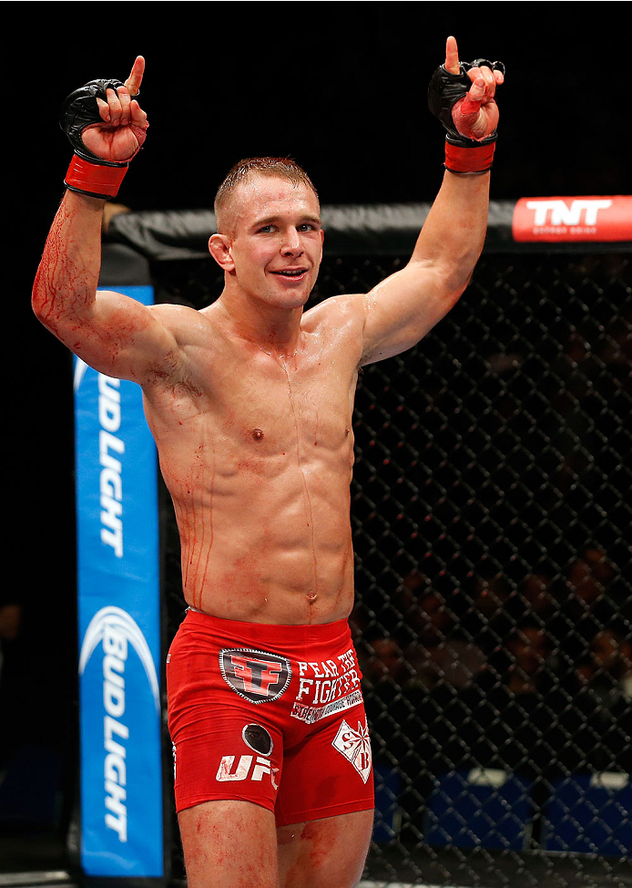 BERLIN, GERMANY - MAY 31: Nick Hein celebrates after winning the Drew Dober vs. Nick Hein at UFC Fight Night Berlin event at O2 World on May 31, 2014 in Berlin, Germany. (Photo by Boris Streubel/Zuffa LLC/Zuffa LLC via Getty Images)