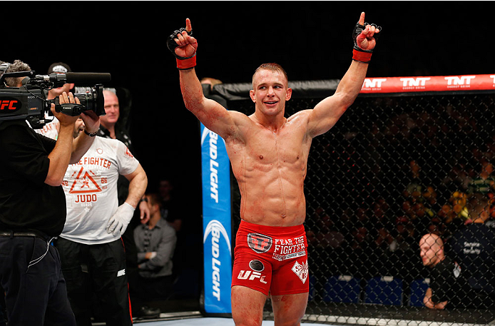 BERLIN, GERMANY - MAY 31: Nick Hein celebrates after winning the Drew Dober vs. Nick Hein at UFC Fight Night Berlin event at O2 World on May 31, 2014 in Berlin, Germany. (Photo by Boris Streubel/Zuffa LLC/Zuffa LLC via Getty Images)