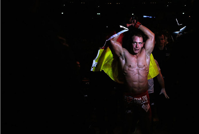 BERLIN, GERMANY - MAY 31: Nick Hein leaves the ring after the Drew Dober vs. Nick Hein at UFC Fight Night Berlin event at O2 World on May 31, 2014 in Berlin, Germany. (Photo by Boris Streubel/Zuffa LLC/Zuffa LLC via Getty Images)