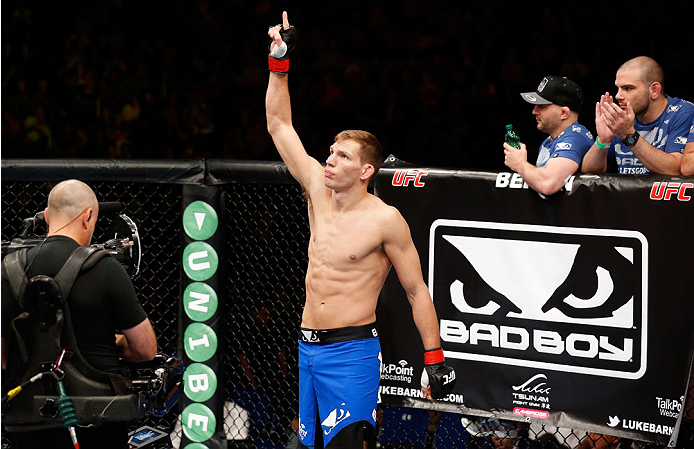 BERLIN, GERMANY - MAY 31: Luke Barnatt enters the ring for the Sean Strickland vs. Luke Barnatt at UFC Fight Night Berlin event at O2 World on May 31, 2014 in Berlin, Germany. (Photo by Boris Streubel/Zuffa LLC/Zuffa LLC via Getty Images)