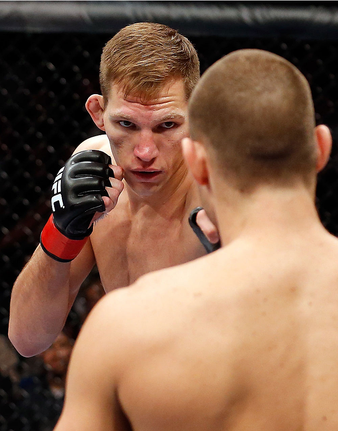 BERLIN, GERMANY - MAY 31: Sean Strickland (R) fights Luke Barnatt during the Sean Strickland vs. Luke Barnatt match at UFC Fight Night Berlin event at O2 World on May 31, 2014 in Berlin, Germany. (Photo by Boris Streubel/Zuffa LLC/Zuffa LLC via Getty Ima
