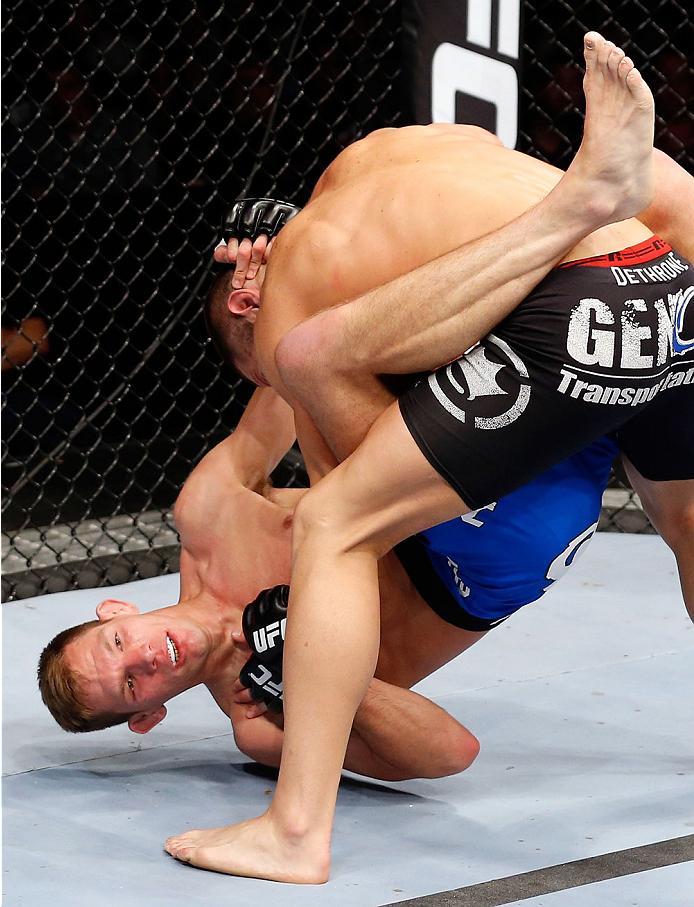 BERLIN, GERMANY - MAY 31: Sean Strickland (R) fights Luke Barnatt during the Sean Strickland vs. Luke Barnatt match at UFC Fight Night Berlin event at O2 World on May 31, 2014 in Berlin, Germany. (Photo by Boris Streubel/Zuffa LLC/Zuffa LLC via Getty Ima