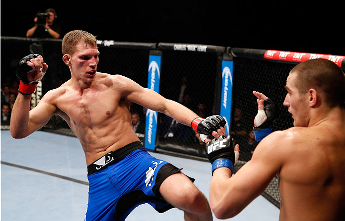 BERLIN, GERMANY - MAY 31: Sean Strickland (R) fights Luke Barnatt during the Sean Strickland vs. Luke Barnatt match at UFC Fight Night Berlin event at O2 World on May 31, 2014 in Berlin, Germany. (Photo by Boris Streubel/Zuffa LLC/Zuffa LLC via Getty Ima