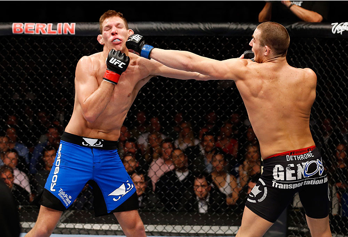 BERLIN, GERMANY - MAY 31: Sean Strickland (R) fights Luke Barnatt during the Sean Strickland vs. Luke Barnatt match at UFC Fight Night Berlin event at O2 World on May 31, 2014 in Berlin, Germany. (Photo by Boris Streubel/Zuffa LLC/Zuffa LLC via Getty Ima