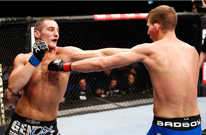 BERLIN, GERMANY - MAY 31: Sean Strickland (L) fights Luke Barnatt during the Sean Strickland vs. Luke Barnatt match at UFC Fight Night Berlin event at O2 World on May 31, 2014 in Berlin, Germany. (Photo by Boris Streubel/Zuffa LLC/Zuffa LLC via Getty Ima