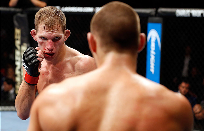 BERLIN, GERMANY - MAY 31: Sean Strickland (R) fights Luke Barnatt during the Sean Strickland vs. Luke Barnatt at UFC Fight Night Berlin event at O2 World on May 31, 2014 in Berlin, Germany. (Photo by Boris Streubel/Zuffa LLC/Zuffa LLC via Getty Images)