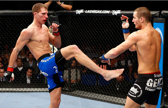 BERLIN, GERMANY - MAY 31: Sean Strickland (R) fights Luke Barnatt during the Sean Strickland vs. Luke Barnatt at UFC Fight Night Berlin event at O2 World on May 31, 2014 in Berlin, Germany. (Photo by Boris Streubel/Zuffa LLC/Zuffa LLC via Getty Images)