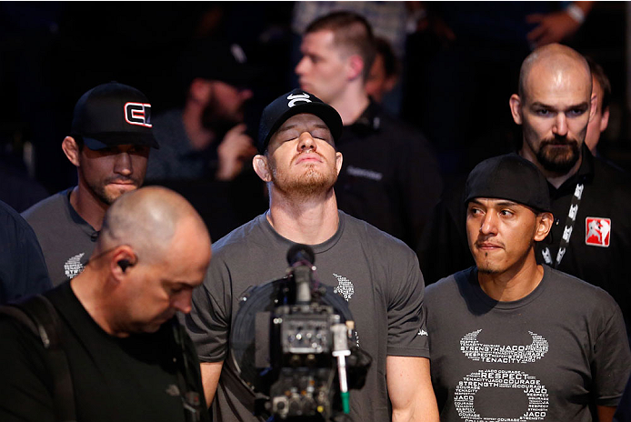 BERLIN, GERMANY - MAY 31: C.B. Dollaway enters the octagon for the C.B. Dollaway vs. Francis Carmont match at UFC Fight Night Berlin event at O2 World on May 31, 2014 in Berlin, Germany. (Photo by Boris Streubel/Zuffa LLC/Zuffa LLC via Getty Images)