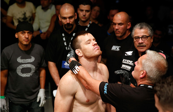 BERLIN, GERMANY - MAY 31: C.B. Dollaway enters the octagon for the C.B. Dollaway vs. Francis Carmont match at UFC Fight Night Berlin event at O2 World on May 31, 2014 in Berlin, Germany. (Photo by Boris Streubel/Zuffa LLC/Zuffa LLC via Getty Images)